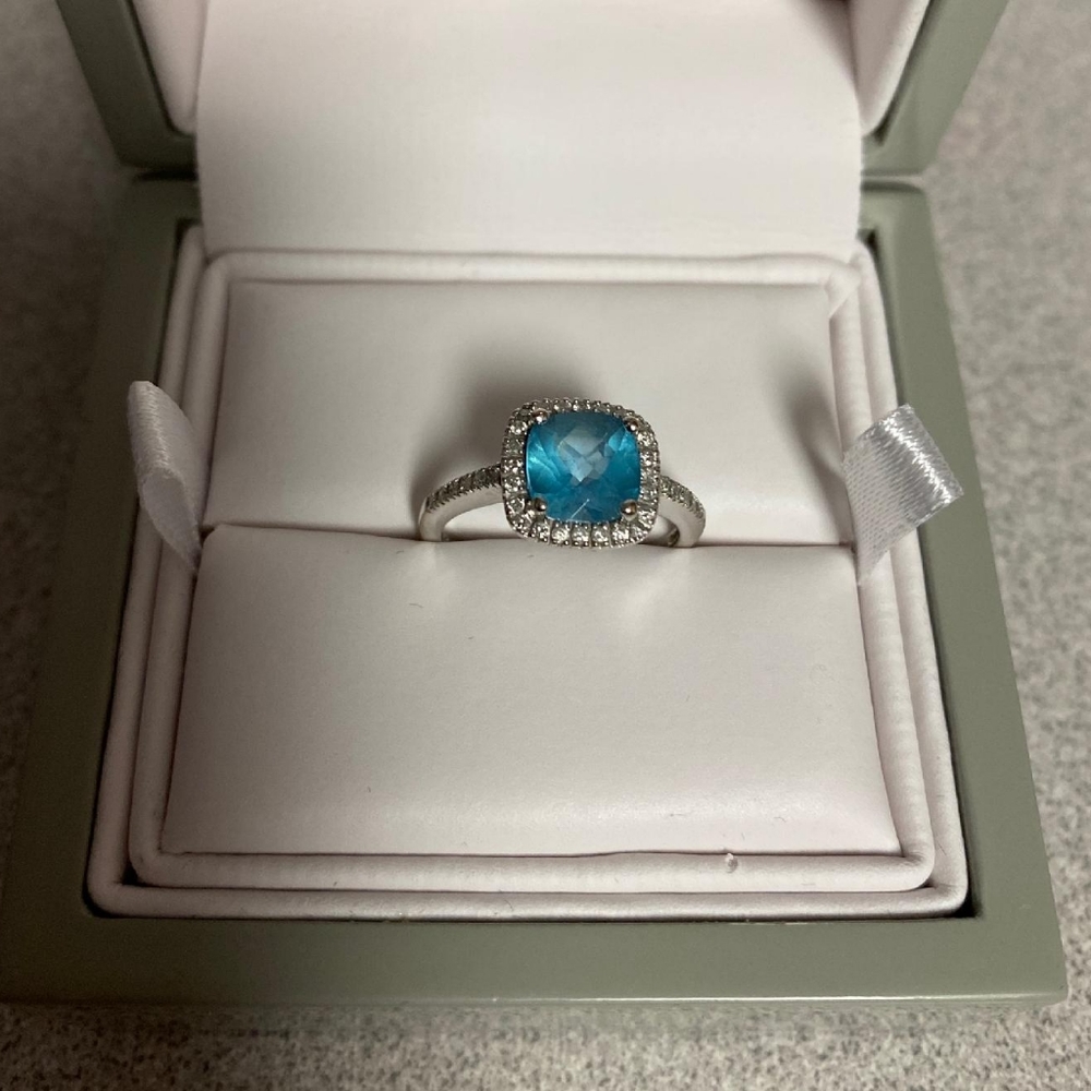 Blue Topaz 7mm & Diamond Ring in 10K White Gold